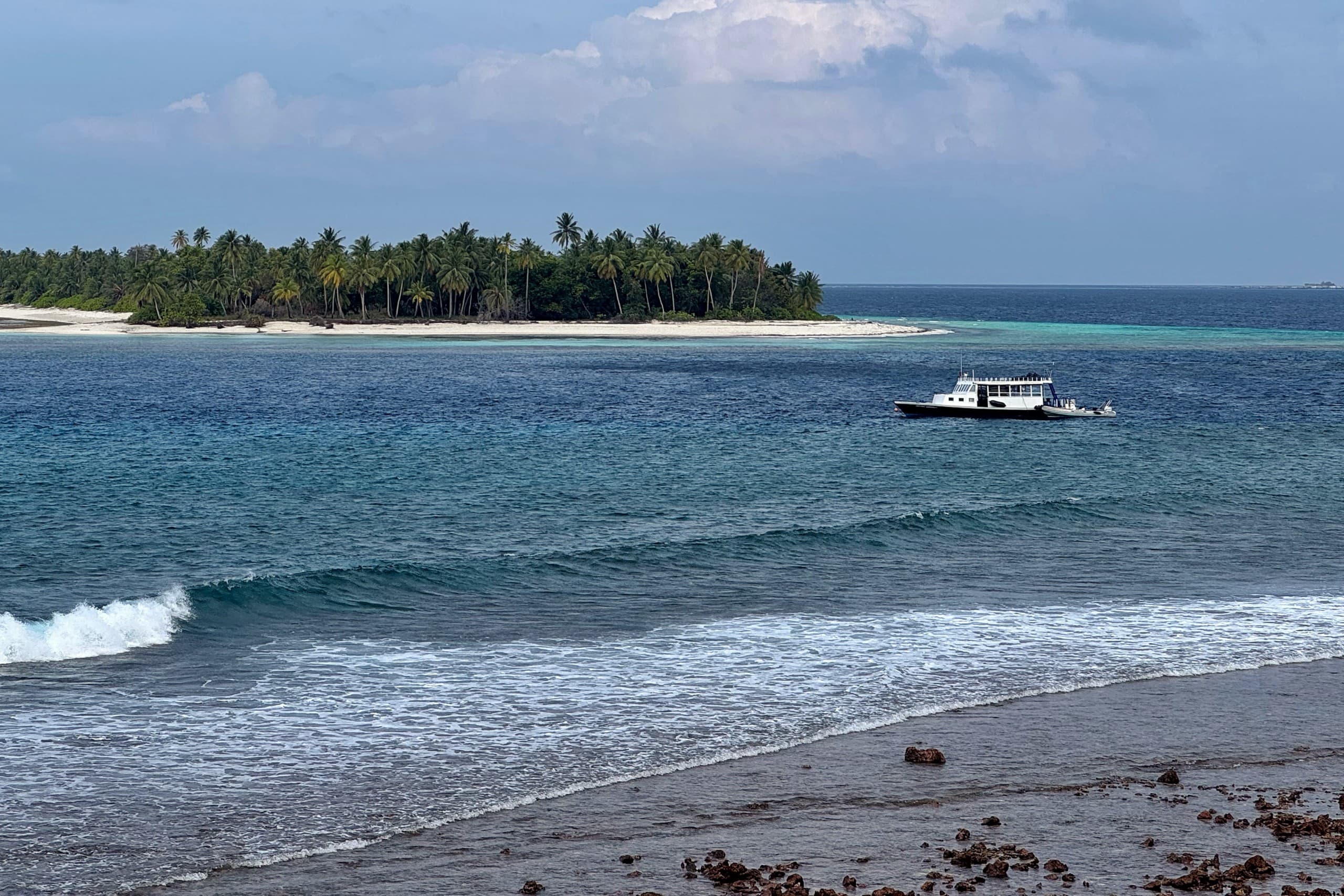 Perfect tropical wave breaking in the Maldives with clear water and island background