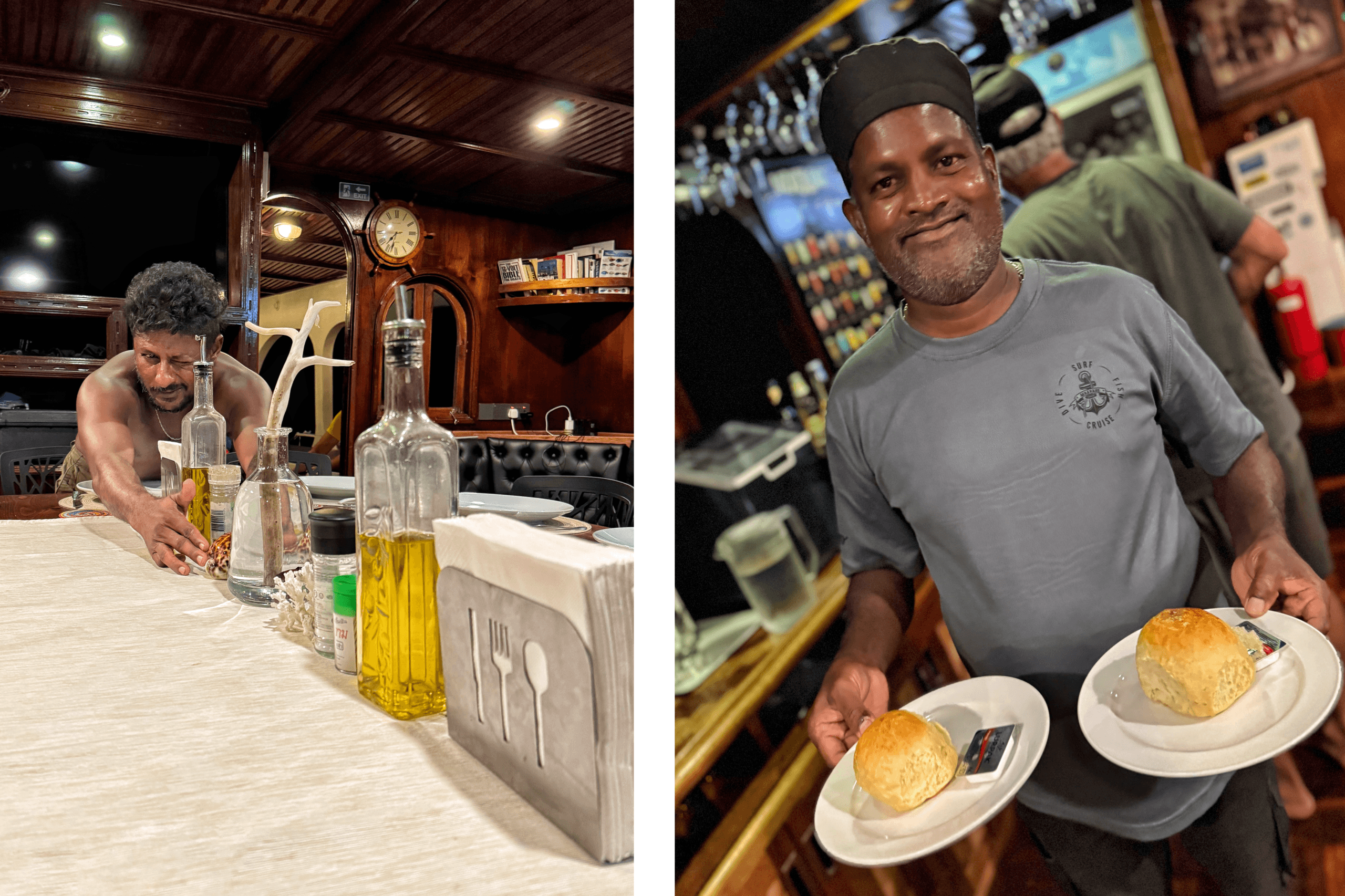 Maavahi crew serving fresh bread and preparing meals on board during a Maldives liveaboard surf charter