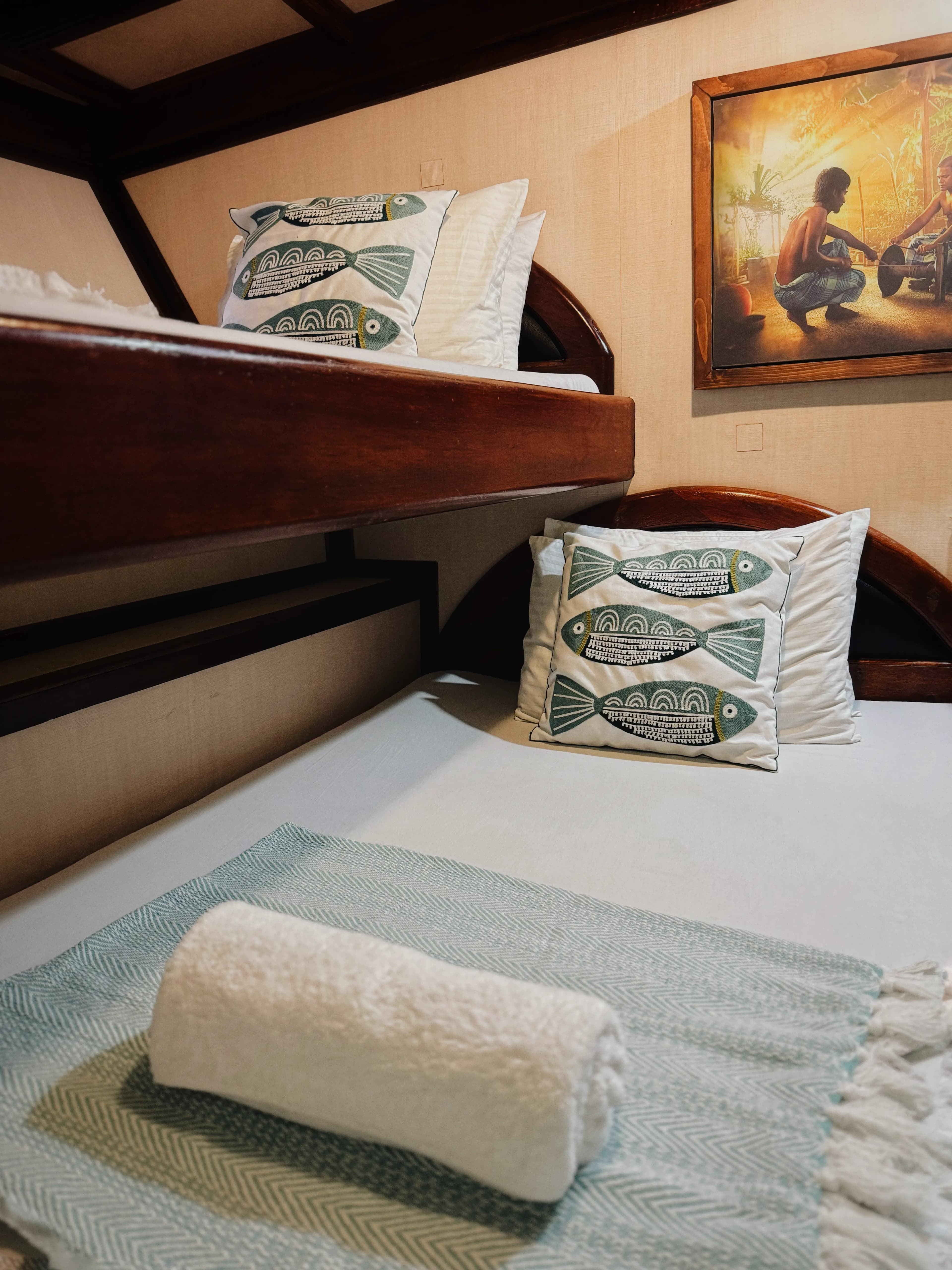 Compact cabin accommodation on Maavahi Maldives liveaboard with bunk beds and storage