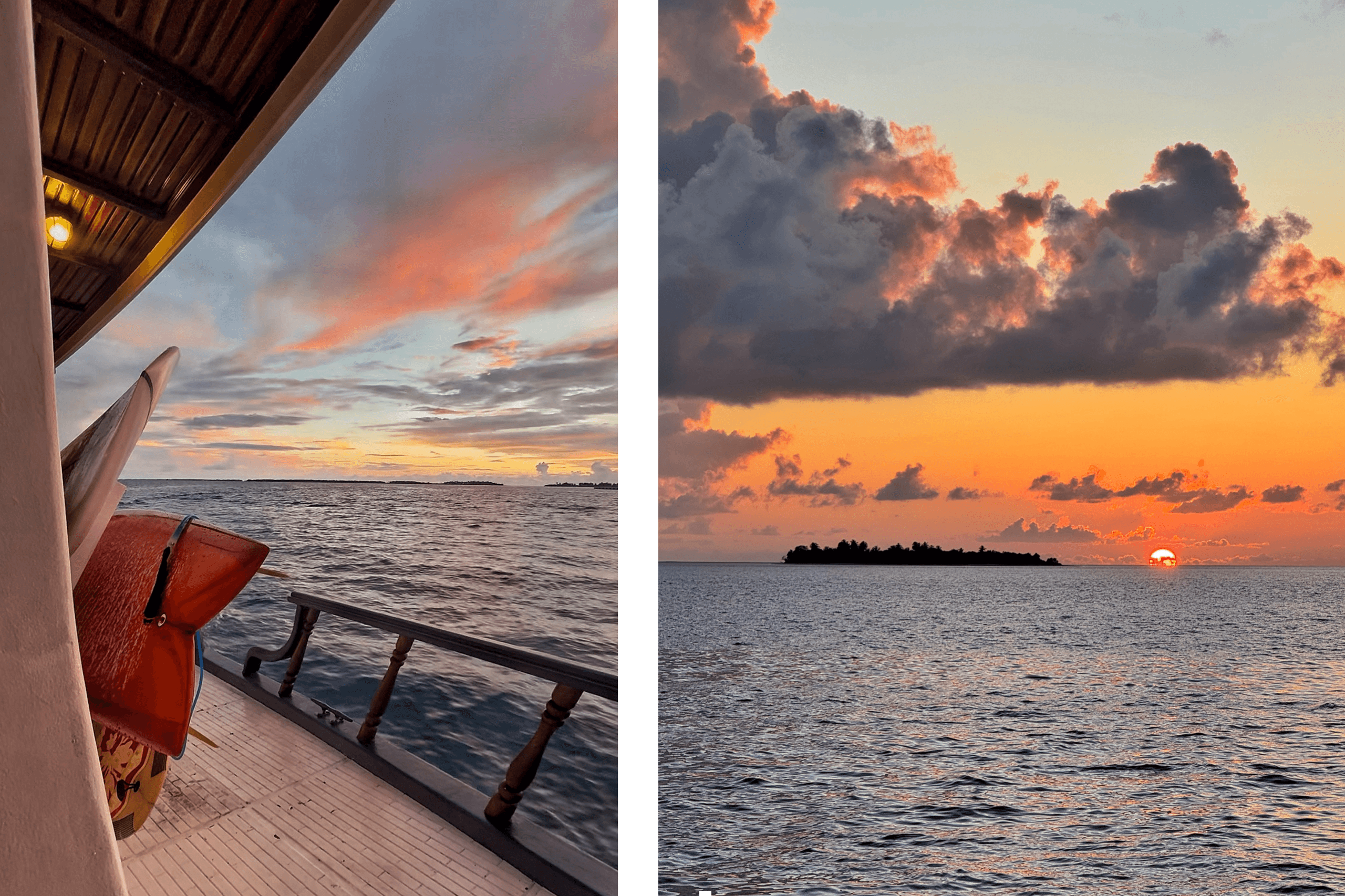 Sunset view from Maavahi Maldives liveaboard deck with ocean and island silhouette
