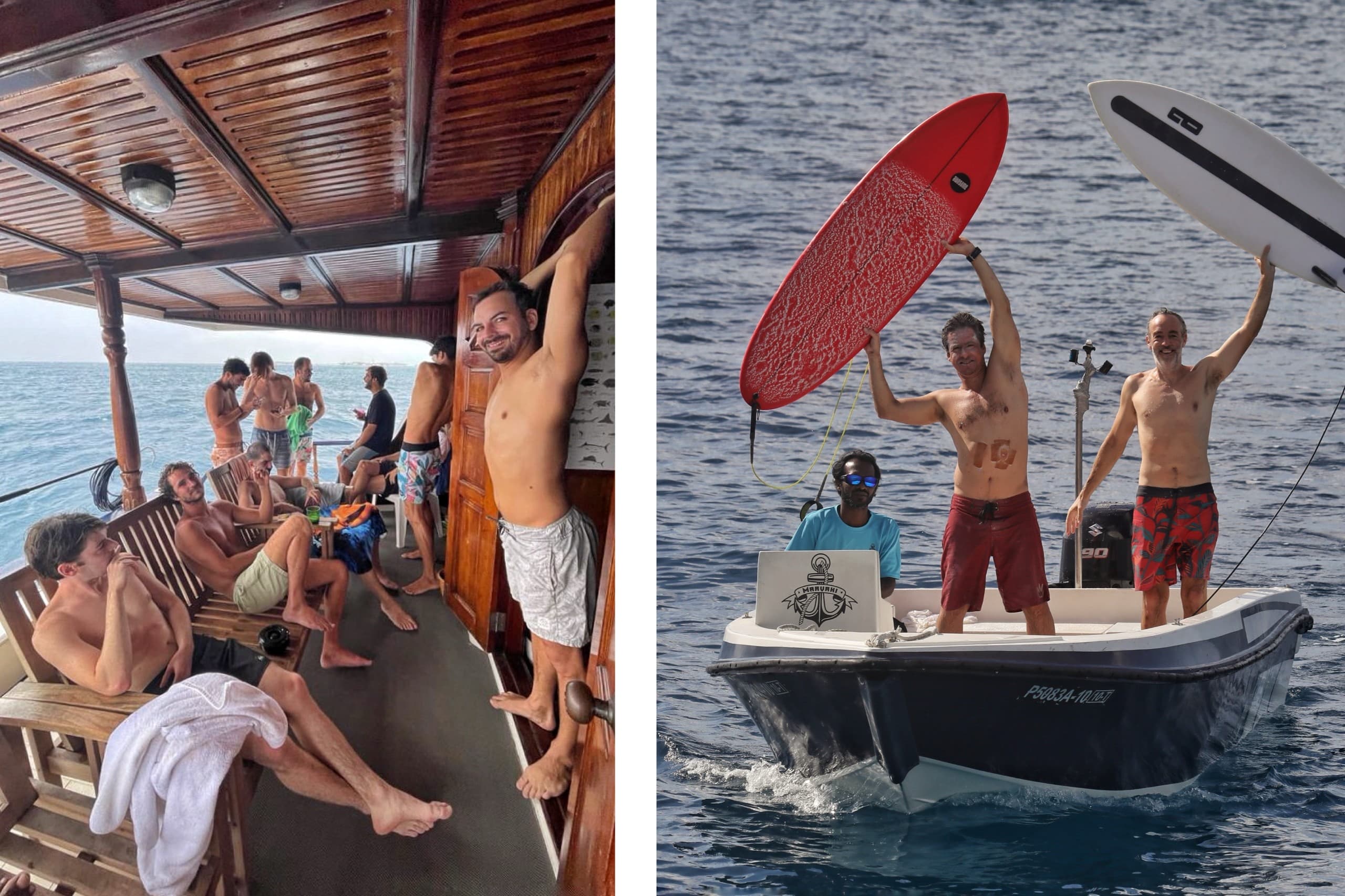 Maavahi Maldives liveaboard guests heading to surf spots with boards on support dinghy