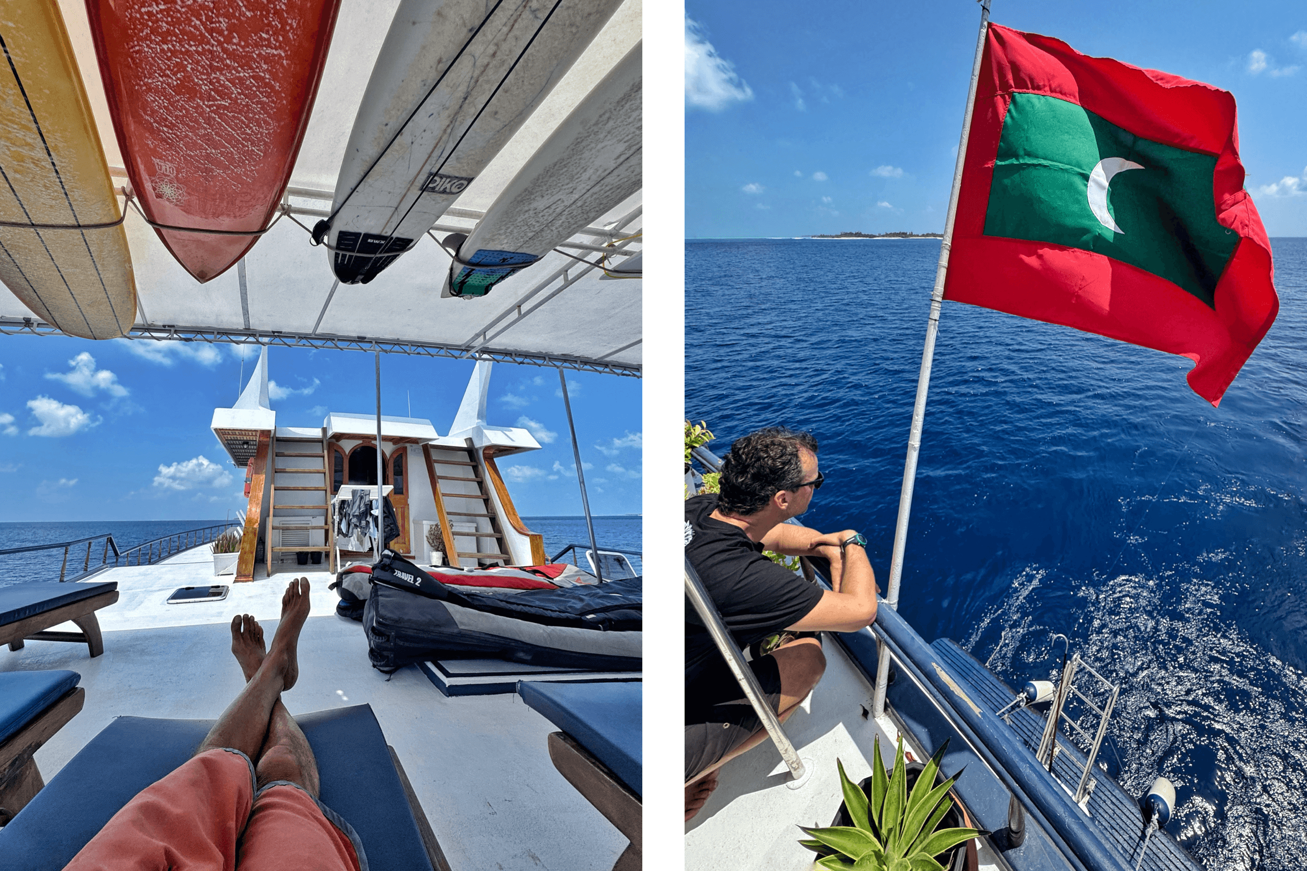 Surfboards on deck and Maldives flag on Maavahi liveaboard during a charter trip in the Indian Ocean