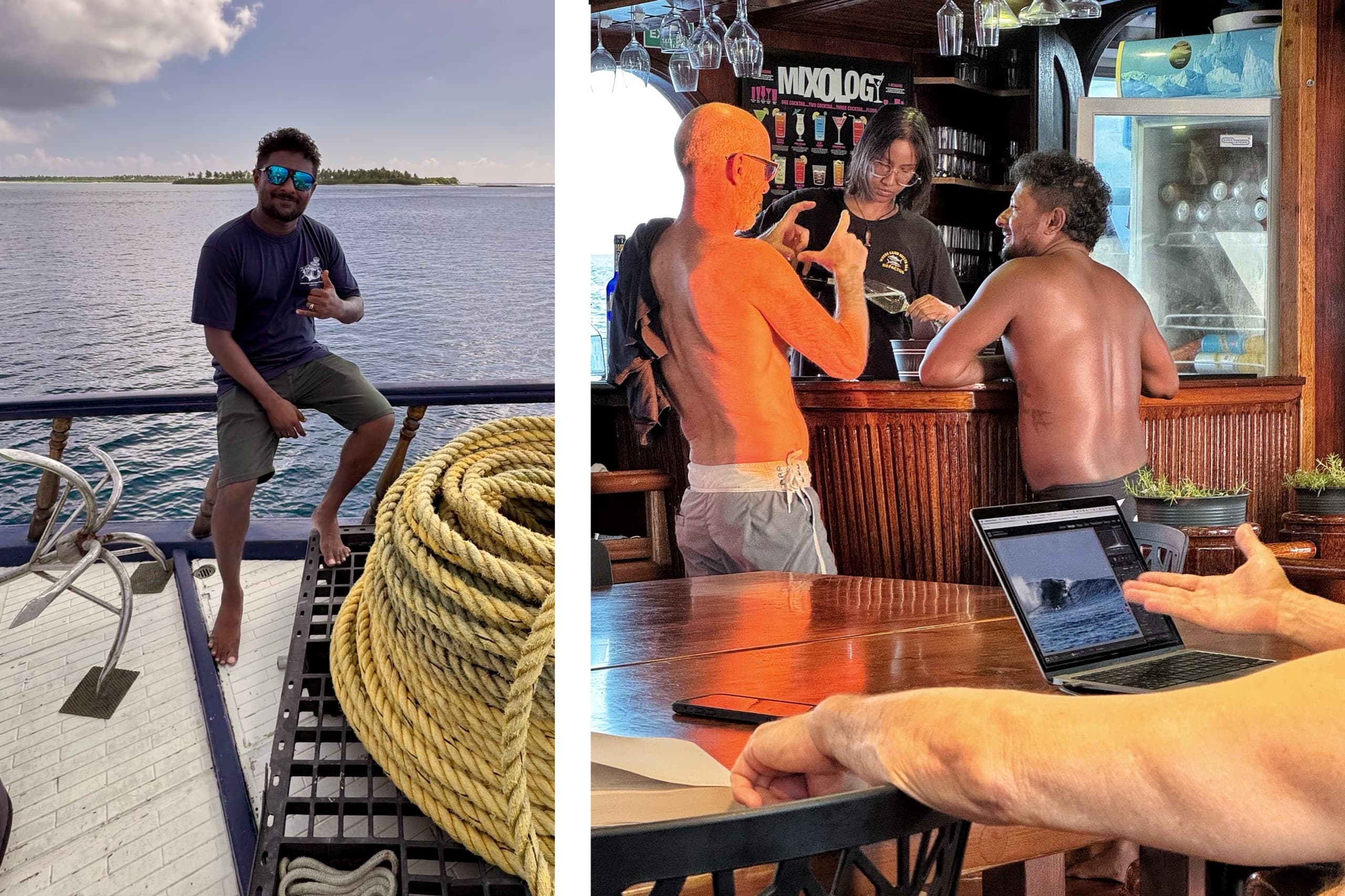 Crew and guests interacting on board Maavahi liveaboard surf charter in the Maldives