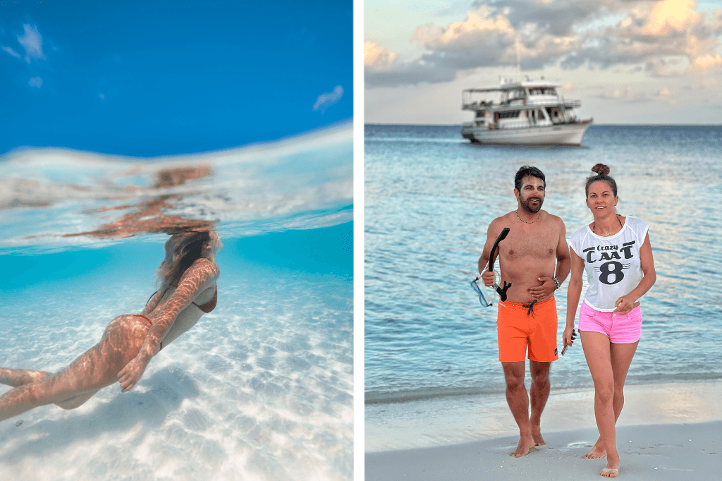Freediving in crystal clear water and couple walking on beach with Maavahi liveaboard in Maldives