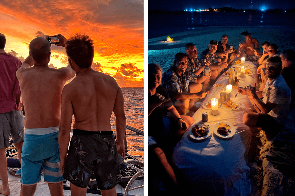 Sunset at sea and beach dinner at night during Maavahi Maldives island and liveaboard experience