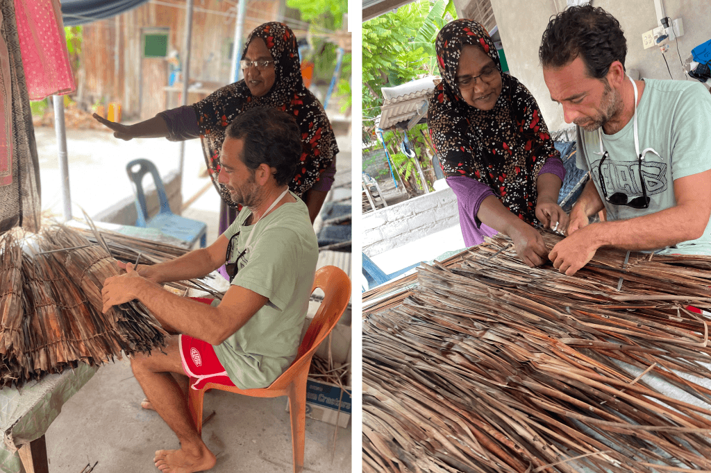 Local Maldivian woman teaching traditional palm weaving craft to guest on island cultural experience