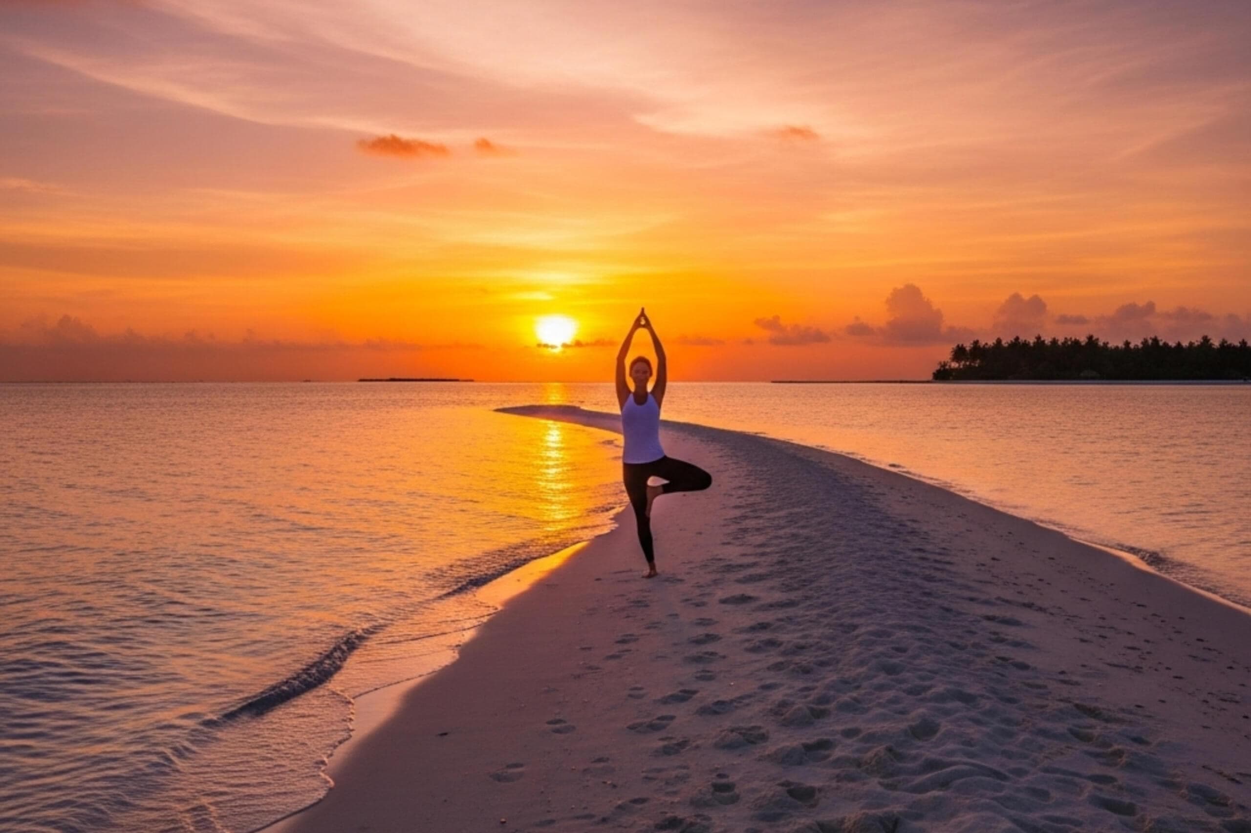Woman practicing yoga at sunset on a sandbank during a Maldives wellness retreat