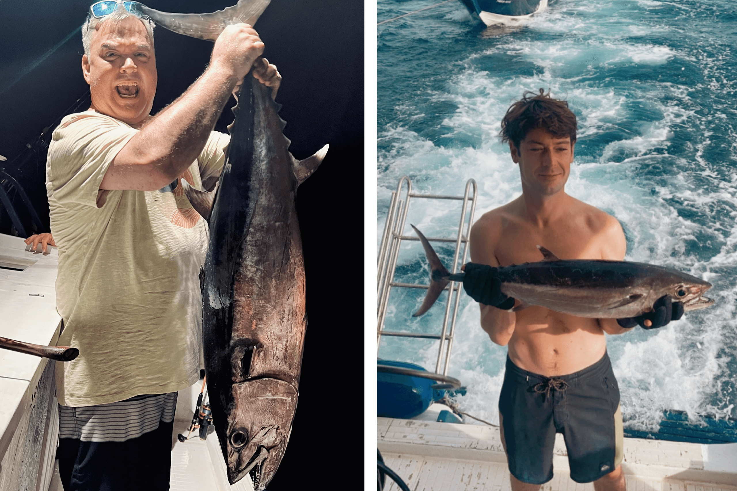 Big game fishing in Maldives with fresh tuna catch held on boat during ocean fishing trip