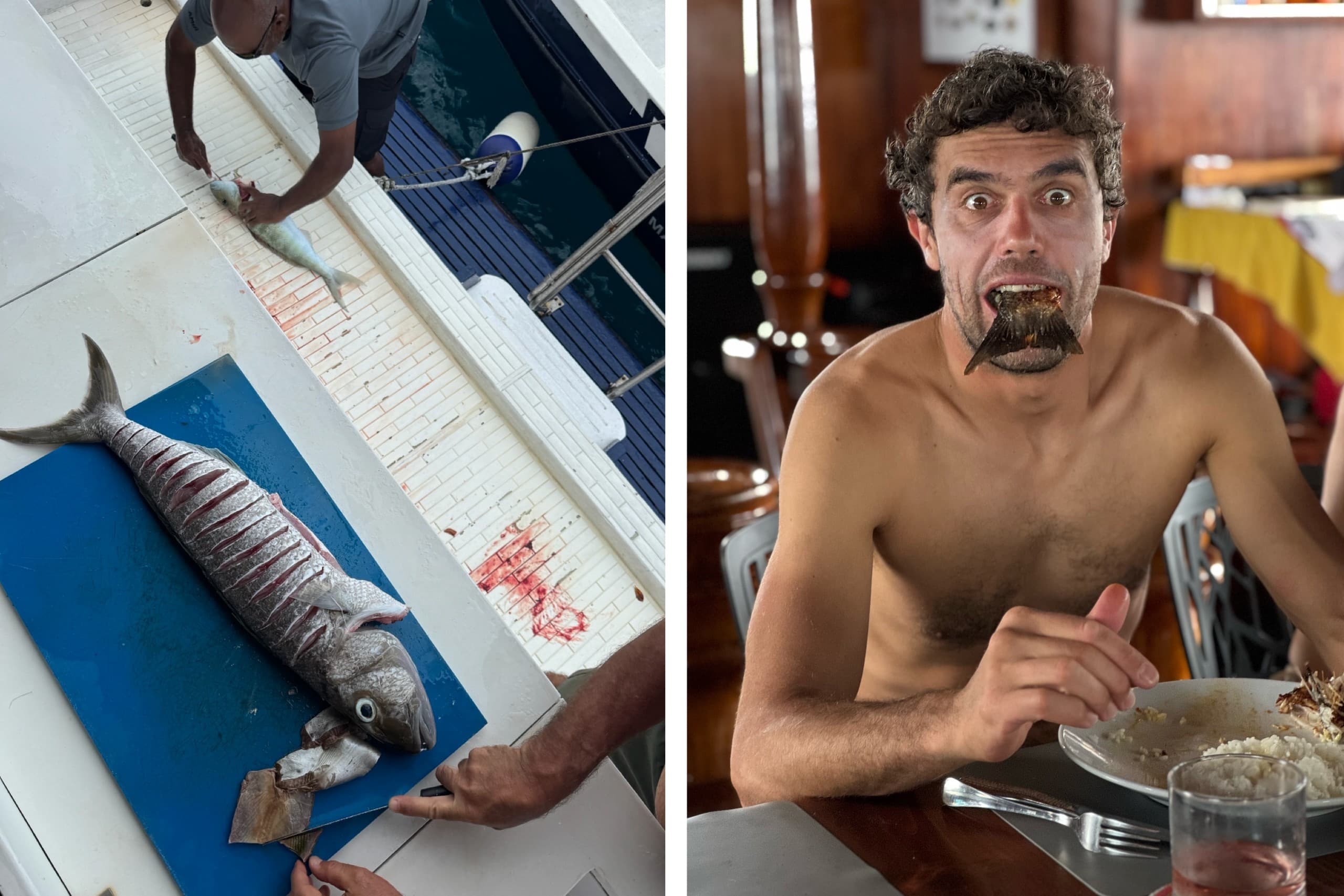 Freshly caught fish prepared on board and guest enjoying seafood meal in Maldives big game fishing experience